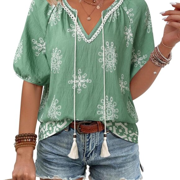Womens Summer Boho Tops Casual V Neck Short Sleeve Blouses Floral Print Shirt Ti - Picture 1 of 6